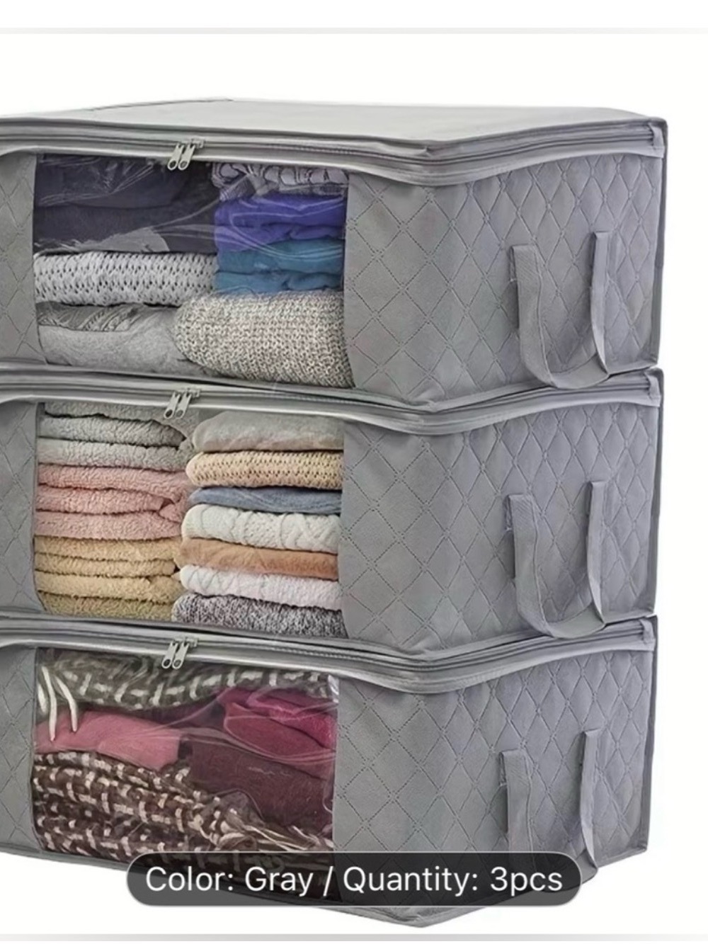 Gray Quilted Fabric Storage Boxes with Clear Window - 3 Pack NWOT
